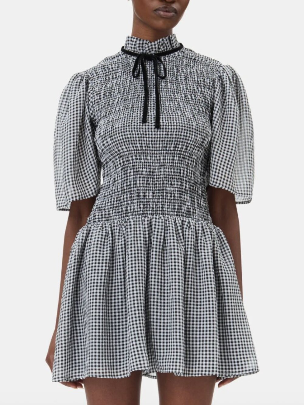 GANNI Sheer Fluid Check Mini Smock Dress